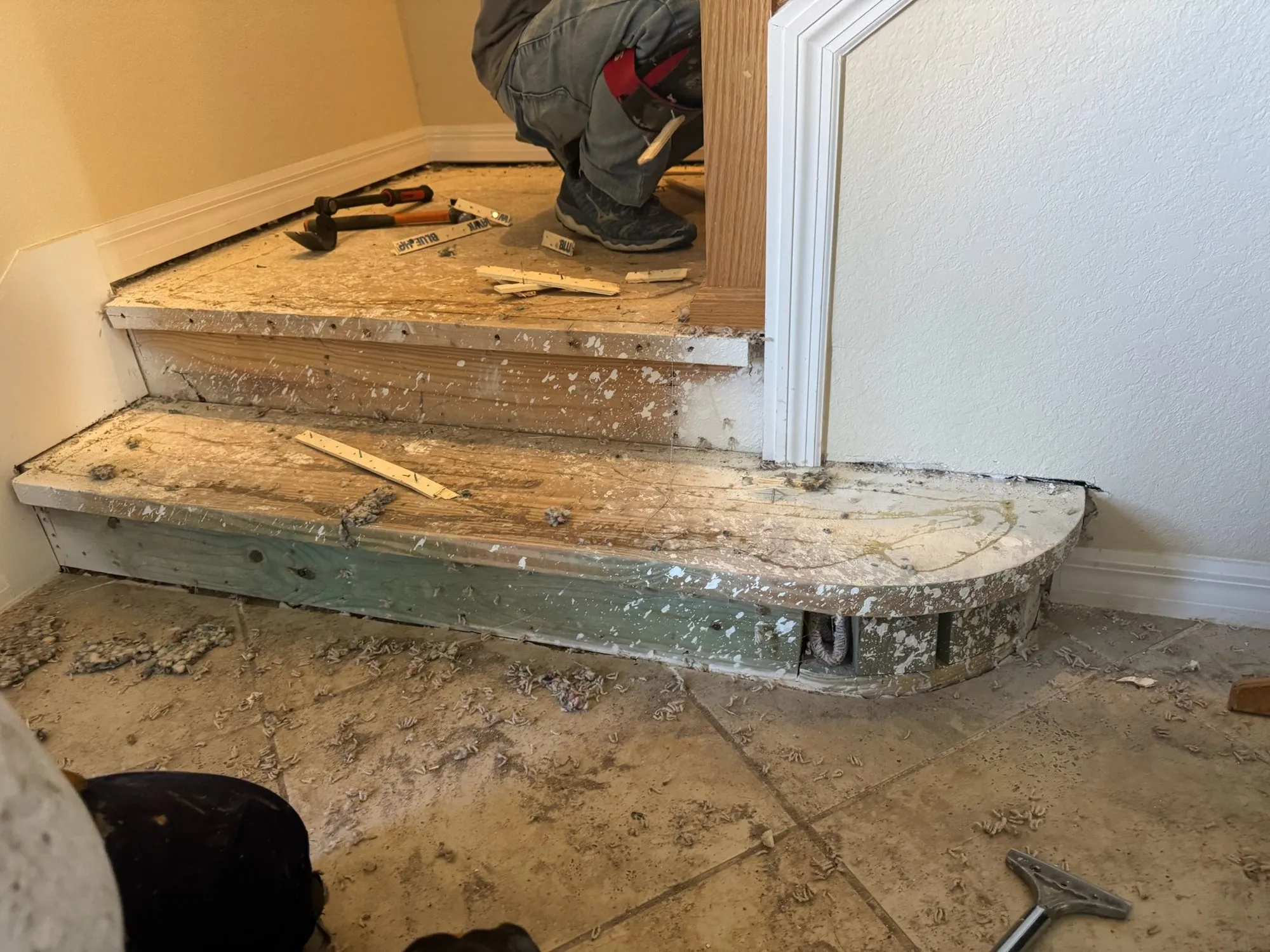 Old treads stripped back on the starter step