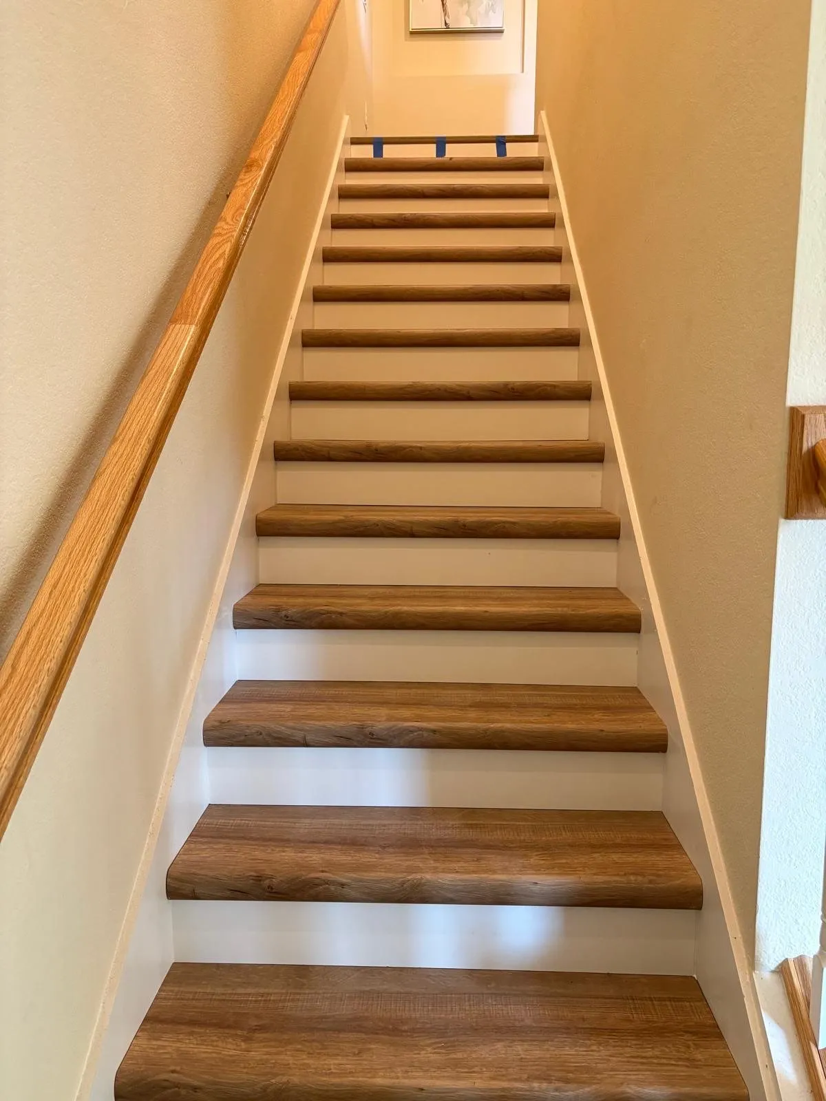Warm oak treads with white risers